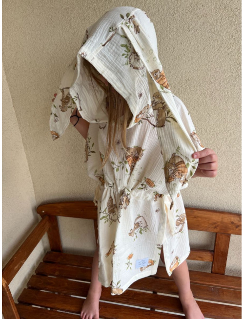 Detské pončo zajačik uši - zajačik na maslovom podklade - gázovina/mušelín