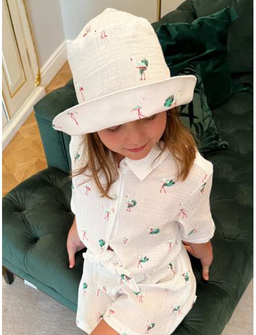 Klobúk Number 1 - gázovina/mušelín - plameniak na bielom podklade