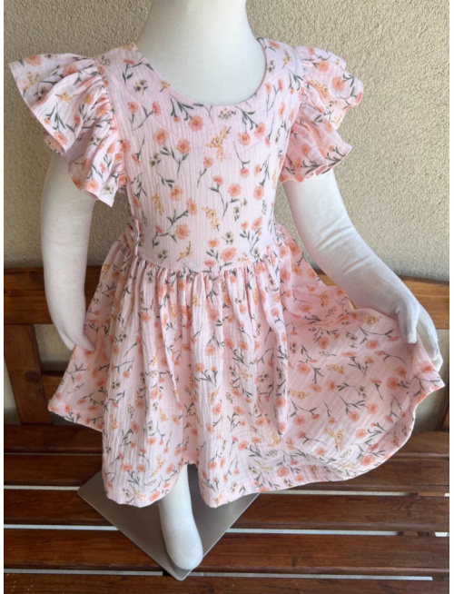 Šaty Valeriána - gázovina/mušelín - kvety na púdrovej