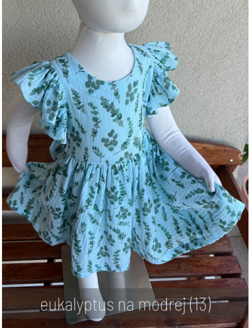 Šaty Valeriána - gázovina/mušelín - eukalyptus na modrej