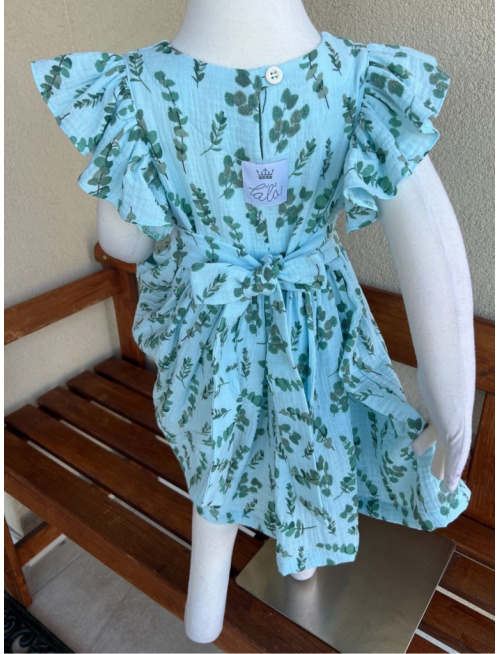 Šaty Valeriána - gázovina/mušelín - eukalyptus na modrej