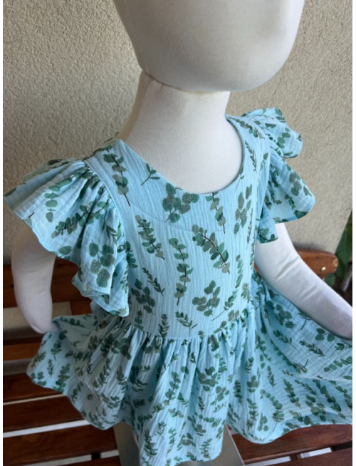 Šaty Valeriána - gázovina/mušelín - eukalyptus na modrej