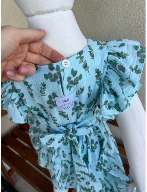 Šaty Valeriána - gázovina/mušelín - eukalyptus na modrej