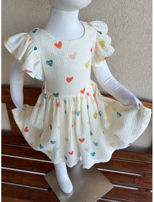 Šaty Valeriána - gázovina/mušelín - farebné srdiečka na maslovom podklade