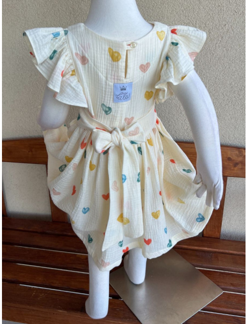 Šaty Valeriána - gázovina/mušelín - farebné srdiečka na maslovom podklade