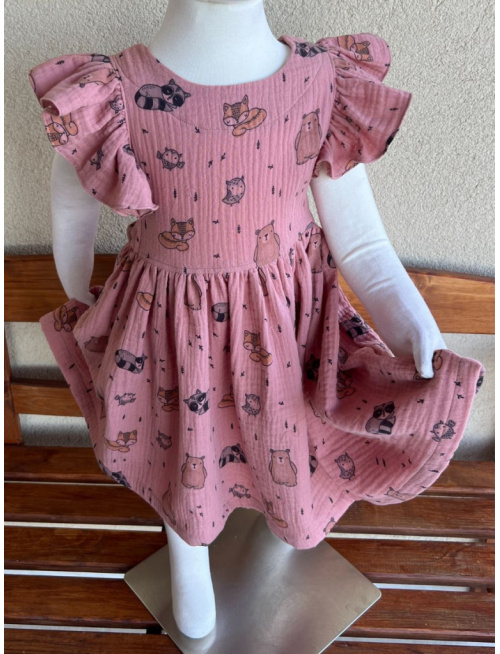 Šaty Valeriána - gázovina/mušelín - zvieratká na tmavej staroružovej