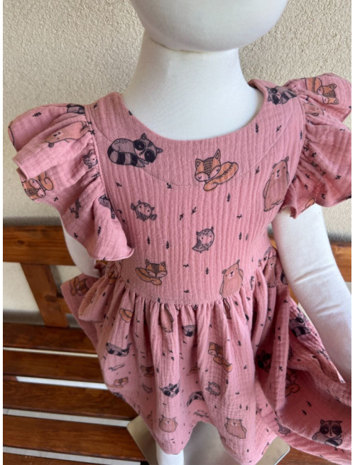 Šaty Valeriána - gázovina/mušelín - zvieratká na tmavej staroružovej