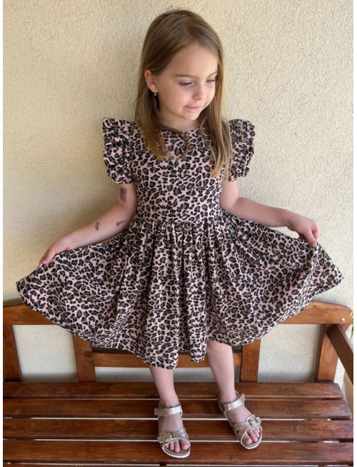 Šaty Valeriána - gázovina/mušelín - leopard na svetlej staroružovej