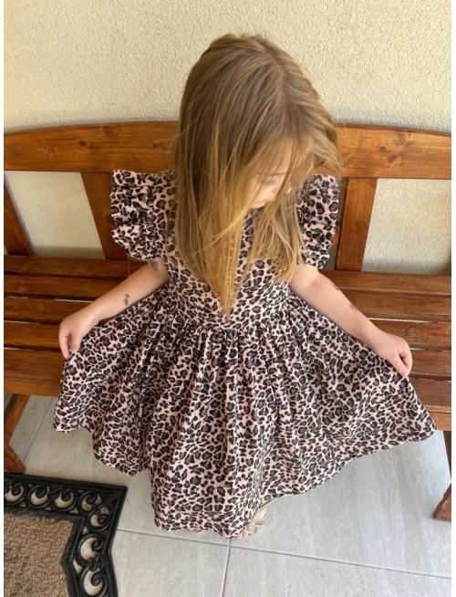 Šaty Valeriána - gázovina/mušelín - leopard na svetlej staroružovej