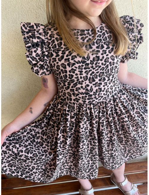 Šaty Valeriána - gázovina/mušelín - leopard na svetlej staroružovej