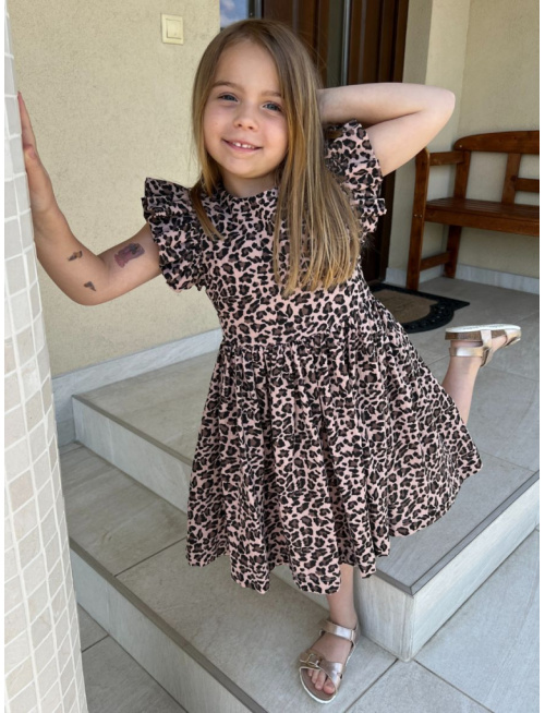 Šaty Valeriána - gázovina/mušelín - leopard na svetlej staroružovej