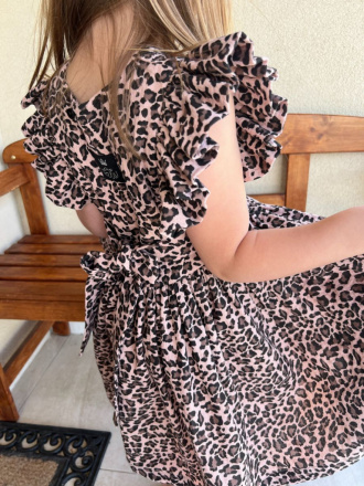 Šaty Valeriána - gázovina/mušelín - leopard na svetlej staroružovej