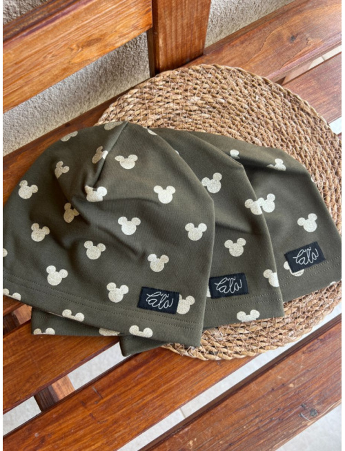 Tepláková šmolko čiapka - jednovrstvová - myšky na olivovej - LEN DO VYPREDANIA ZÁSOB
