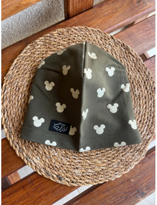 Tepláková šmolko čiapka - jednovrstvová - myšky na olivovej - LEN DO VYPREDANIA ZÁSOB