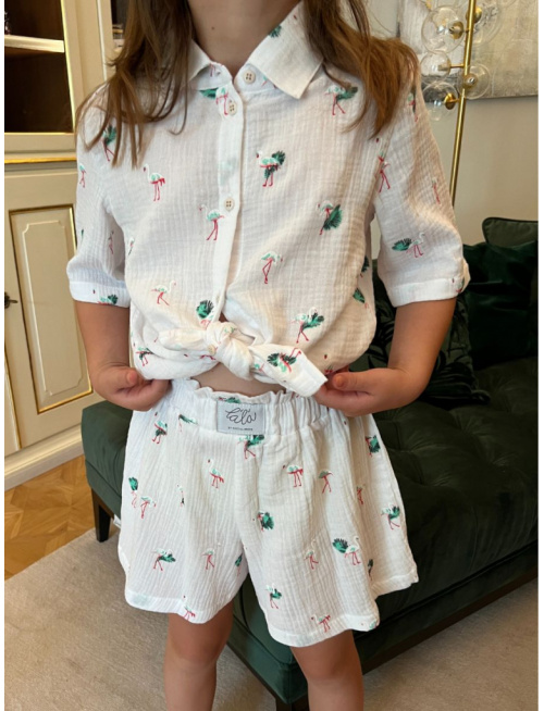 Súprava HAWAI - girl - gázovina/mušelín - plameniak na bielom podklade