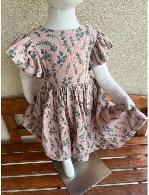 Šaty Valeriána - gázovina/mušelín - eukalyptus na svetlej staroružovej