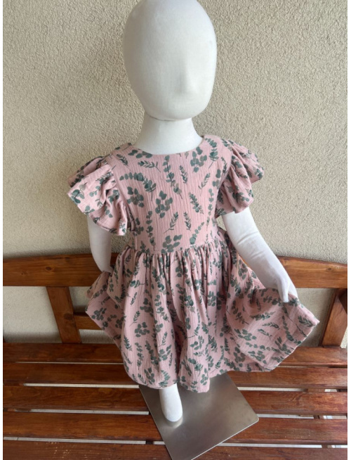 Šaty Valeriána - gázovina/mušelín - eukalyptus na svetlej staroružovej