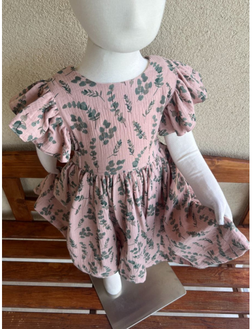 Šaty Valeriána - gázovina/mušelín - eukalyptus na svetlej staroružovej