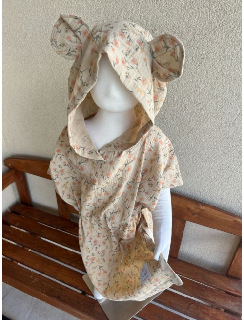 Detské pončo macko uši - kvety na pieskovej - gázovina/mušelín