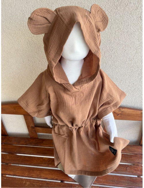 Detské pončo macko uši - karamel - gázovina/mušelín