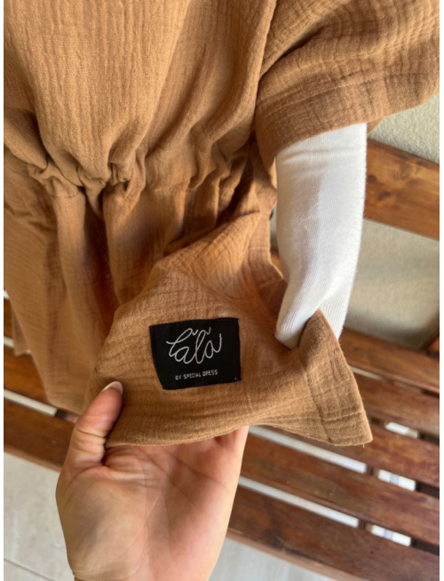 Detské pončo macko uši - karamel - gázovina/mušelín