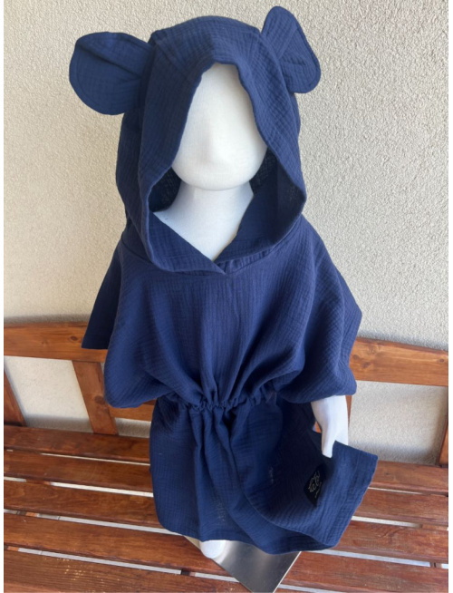 Detské pončo macko uši - tmavá modrá - gázovina/mušelín