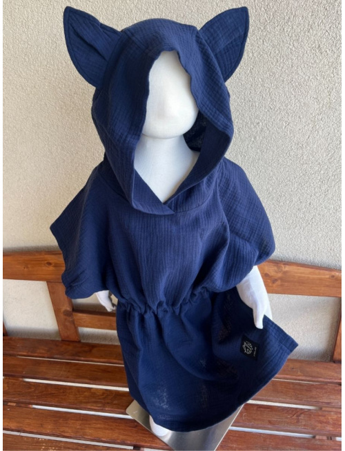 Detské pončo vĺčik uši - tmavá modrá - gázovina/mušelín