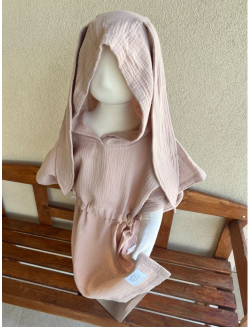 Detské pončo zajačik uši - oriešková - gázovina/mušelín