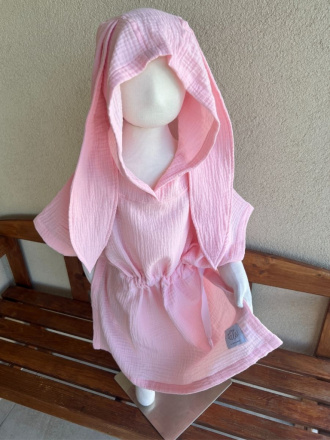 Detské pončo zajačik uši - baby ružová - gázovina/mušelín
