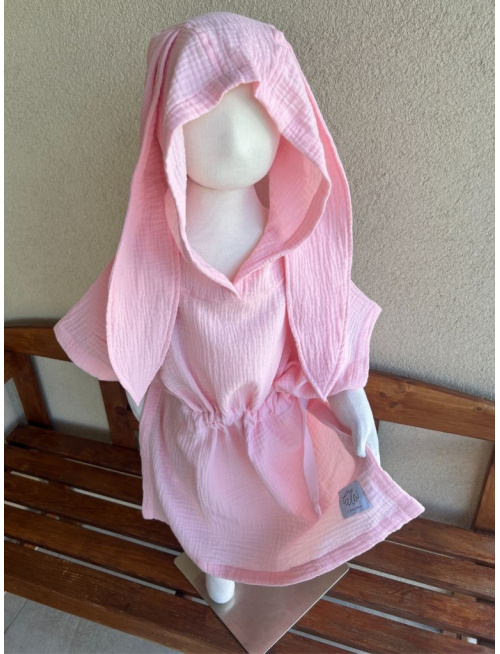 Detské pončo zajačik uši - baby ružová - gázovina/mušelín