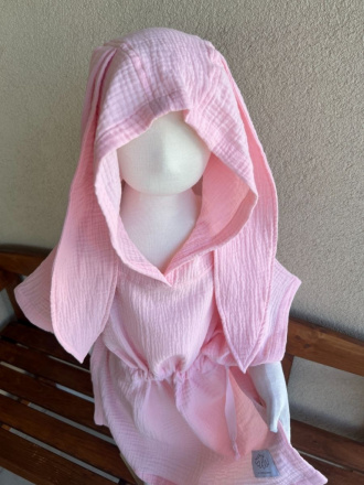 Detské pončo zajačik uši - baby ružová - gázovina/mušelín