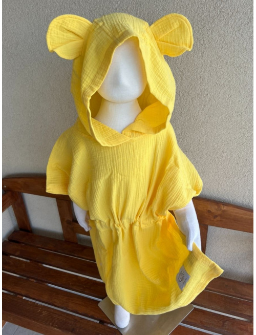 Detské pončo macko uši - slniečková - gázovina/mušelín