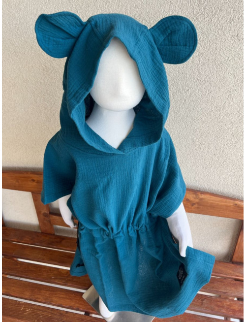 Detské pončo macko uši - smaragd - gázovina/mušelín