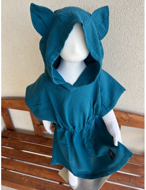 Detské pončo vĺčik uši - smaragd - gázovina/mušelín