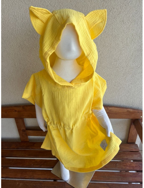 Detské pončo vĺčik uši - slniečková - gázovina/mušelín