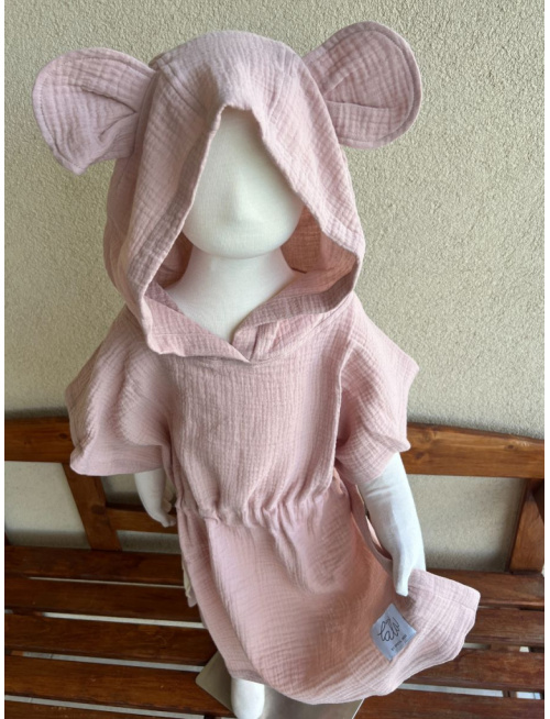 Detské pončo macko uši - telovo ružová - gázovina/mušelín