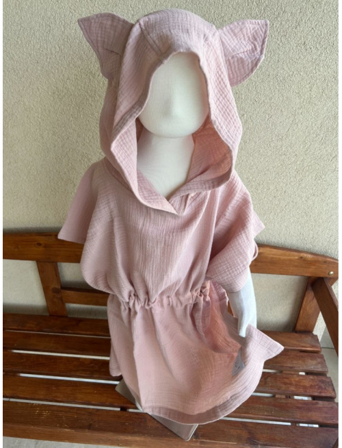 Detské pončo vĺčik uši - telovo ružová - gázovina/mušelín