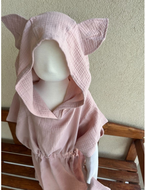 Detské pončo vĺčik uši - telovo ružová - gázovina/mušelín