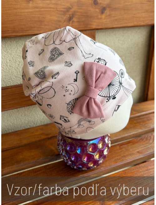 Tepláková vzorovaná šmolko čiapka s mašličkou - jednovrstvová
