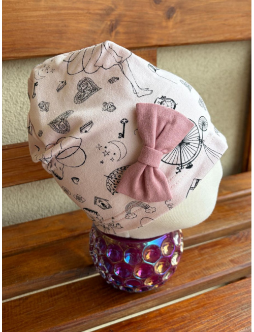 Tepláková vzorovaná šmolko čiapka s mašličkou - jednovrstvová