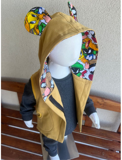 Rastúca PARMA vesta so šikmozipsom a uškami - ALEX - francúzska horčica + vzor - POSLEDNÝ KUS